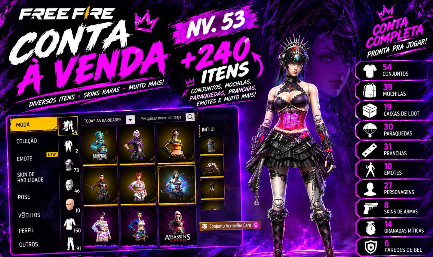 CONTA FREE FIRE NV.53 | 240+ ITENS | 54 CONJUNTOS