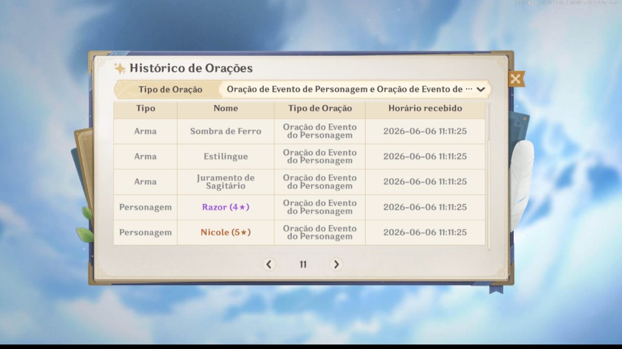 Conta de Genshin ar 57 com 16 personagens t5 e diversas armas t5