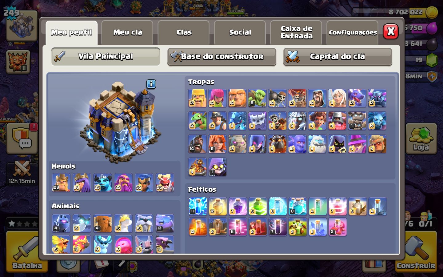 CONTA DO CLASH OF CLANS (CV 18 PRATICAMENTE FULL COM VÁIOS PASSES, SKINS ETC.)