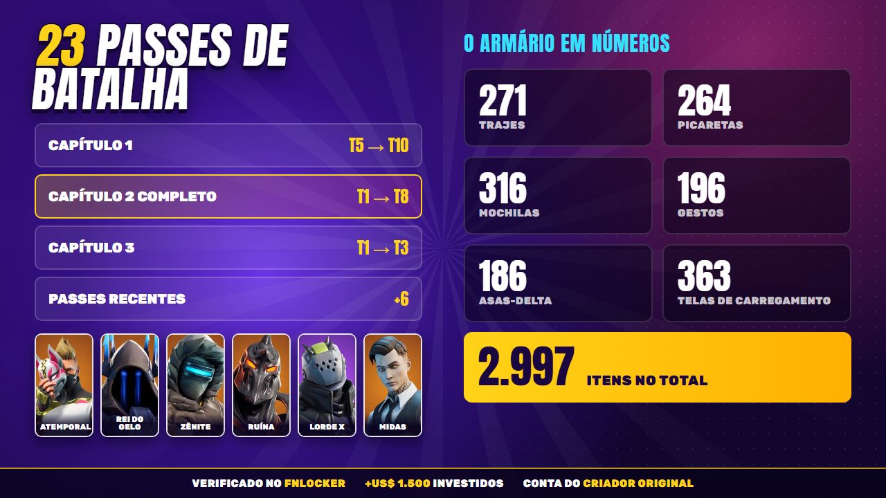 Conta Fortnite 271 Skins | Travis Scott | Marvel, DC, Star Wars | STW Fundador