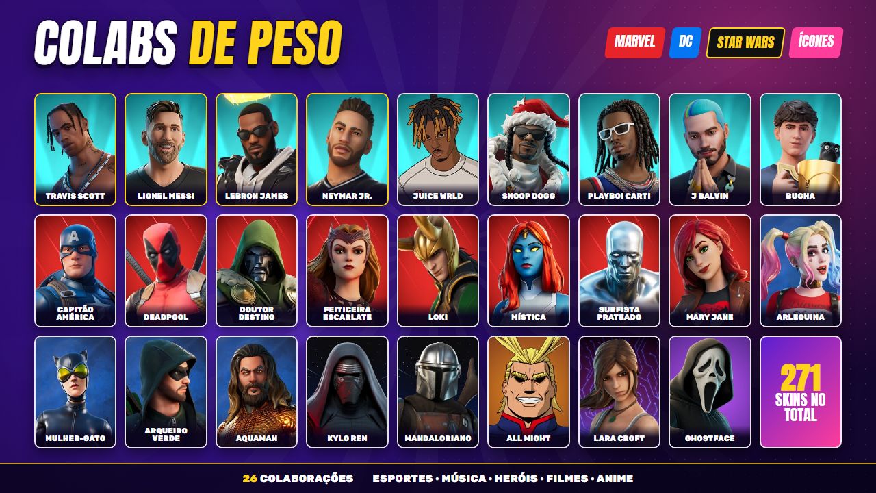 Conta Fortnite 271 Skins | Travis Scott | Marvel, DC, Star Wars | STW Fundador