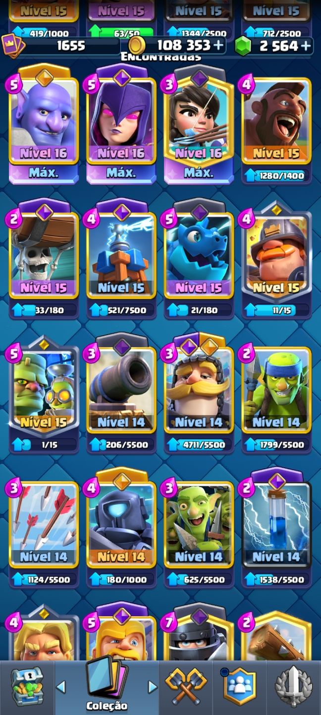CONTA CLASH ROYALE 11.041 TROFEUS NV 15 + 3 MAX NV16 + 104K OURO + 2564 GEMAS