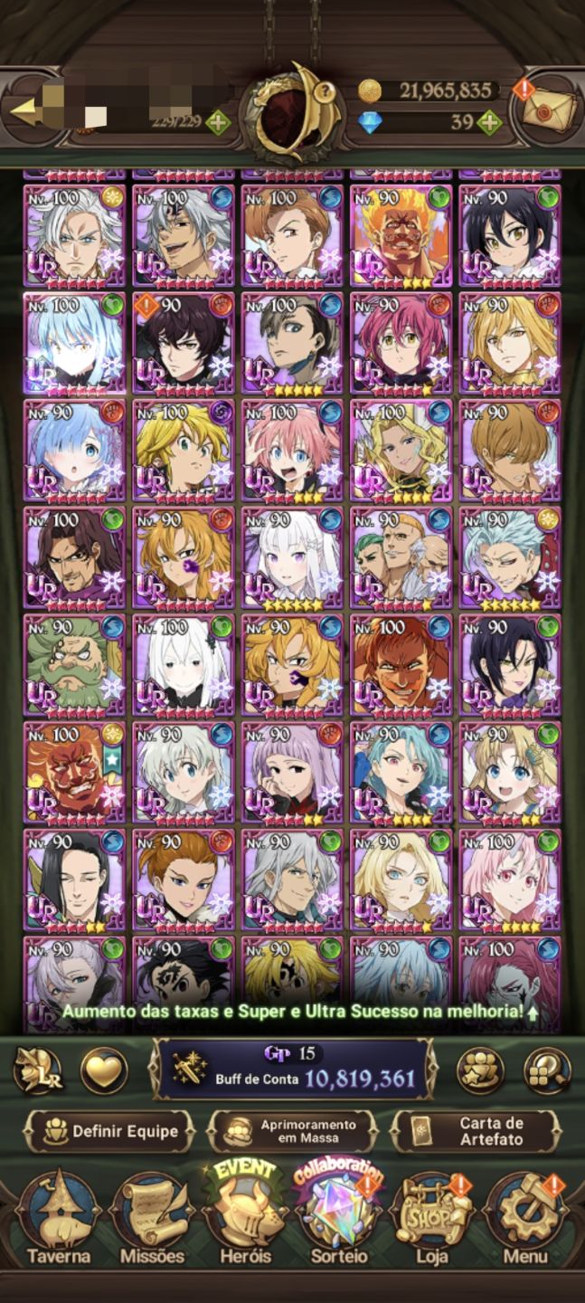 | Conta 7DS Grand Cross | Gawain, Collabs + IF's | Campeão V | 11.2M+ BOX |
