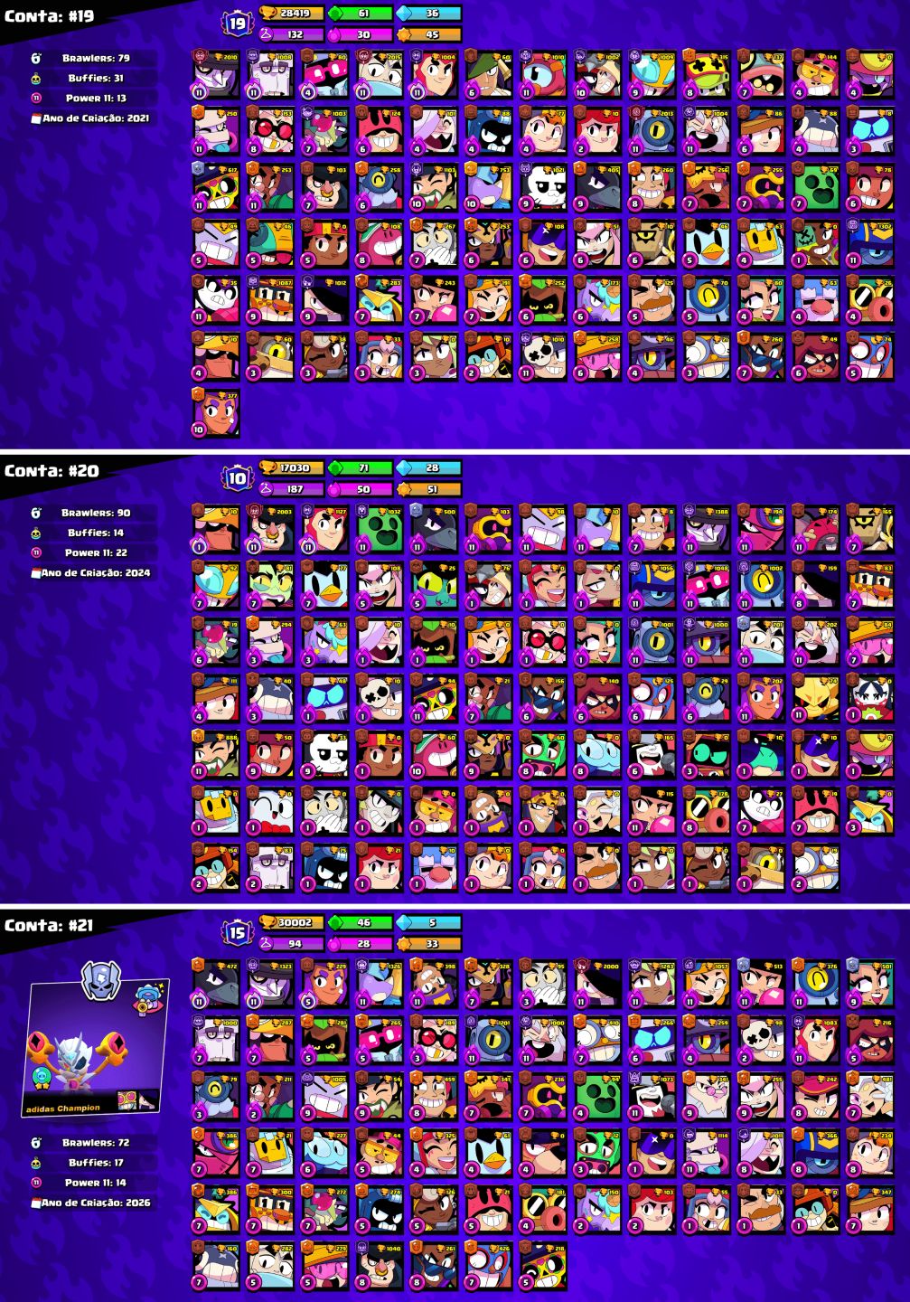 CONTAS BRAWL STARS c/LENDÁRIOS e MUITOS TROFÉUS!!