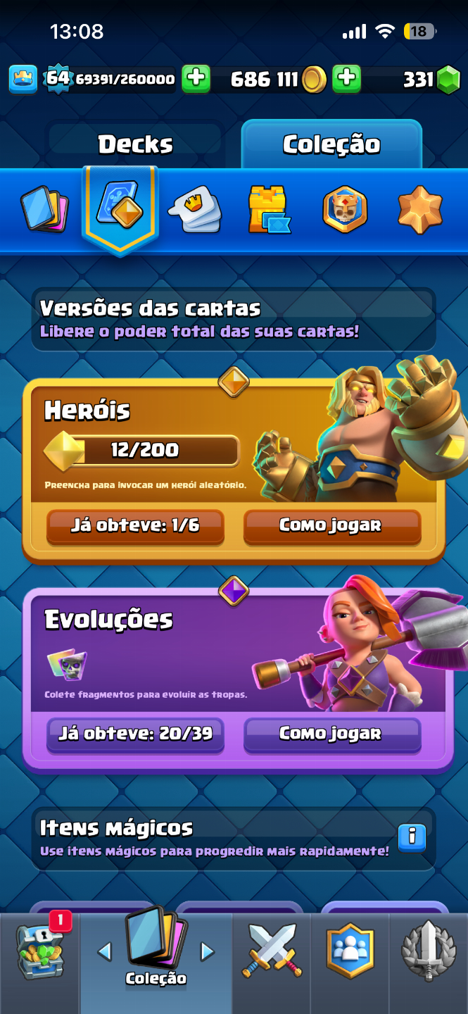 CONTA CLASH ROYALE 8 ANOS, CARTAS LEVEL 16 E 20 EVOLUÇÕES (VALOR NEGOCIAVEL)