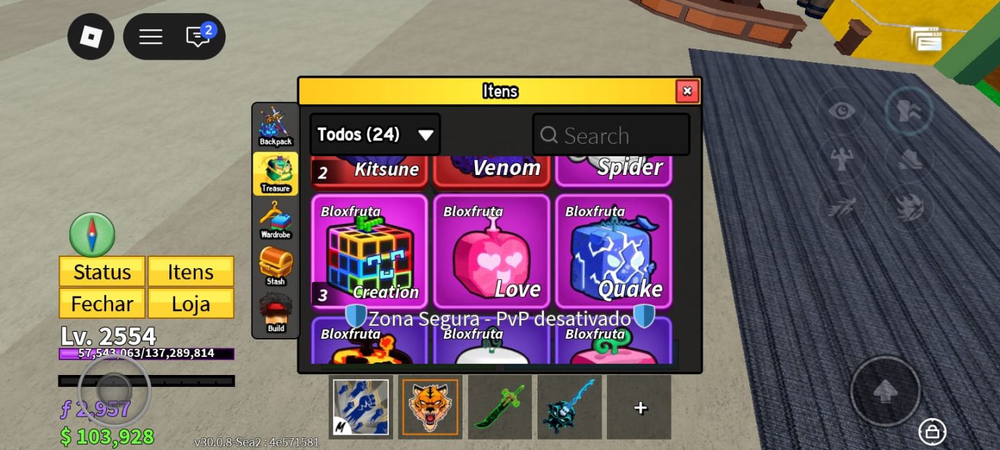 Blox Fruits LV 2554 + Fruta TigerMítica + 2 Kitsune + Venom + Dark Dager yoru v2