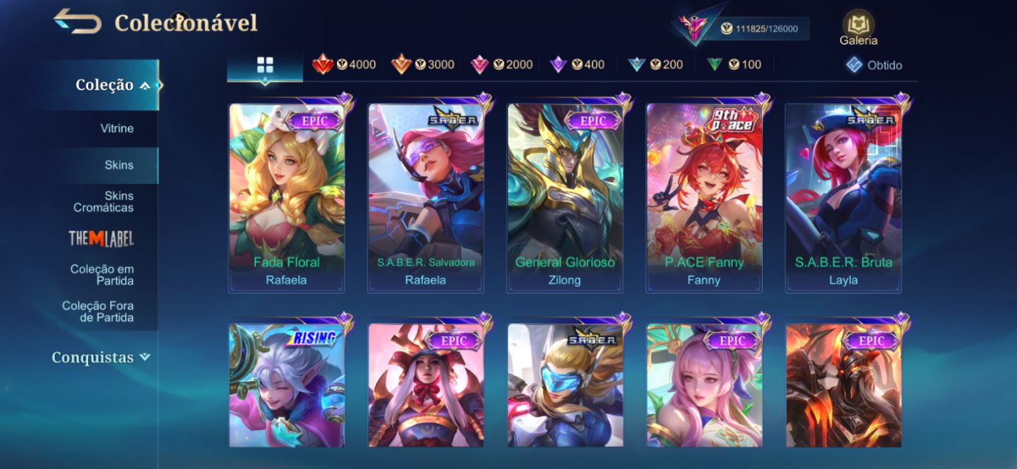 CONTA MLBB 342 SKINS IMORTAL | LEGEND, COLLECTOR, KOF, DUCATI, SANRIO