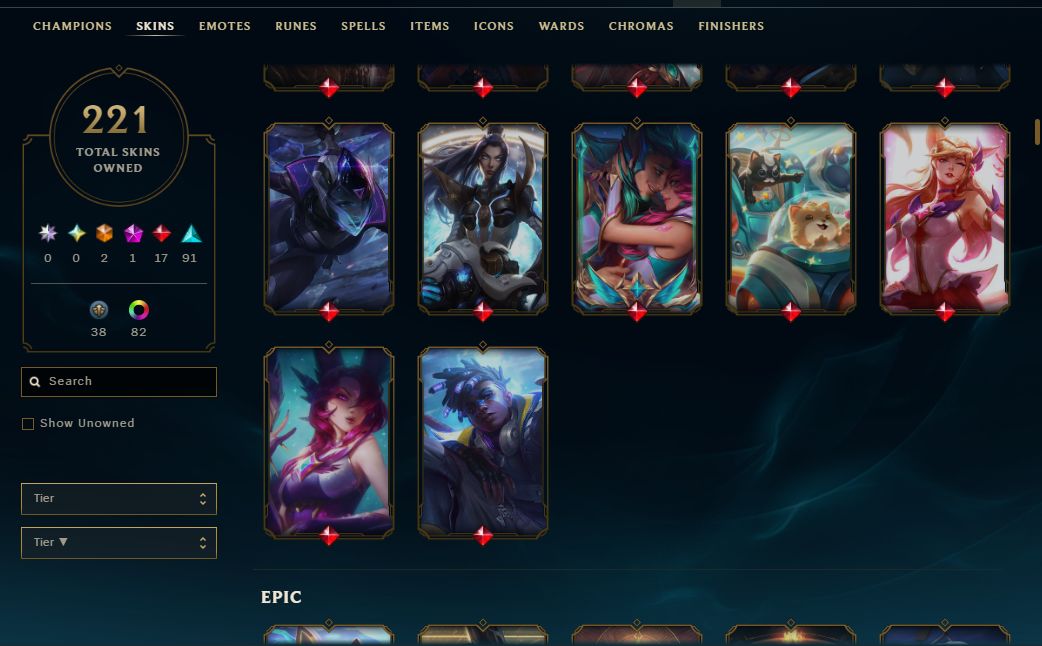 CONTA LOL 221 skins, 2 ultimates (DJ Sona e Ezreal Pulsefire) e 17 lendarias