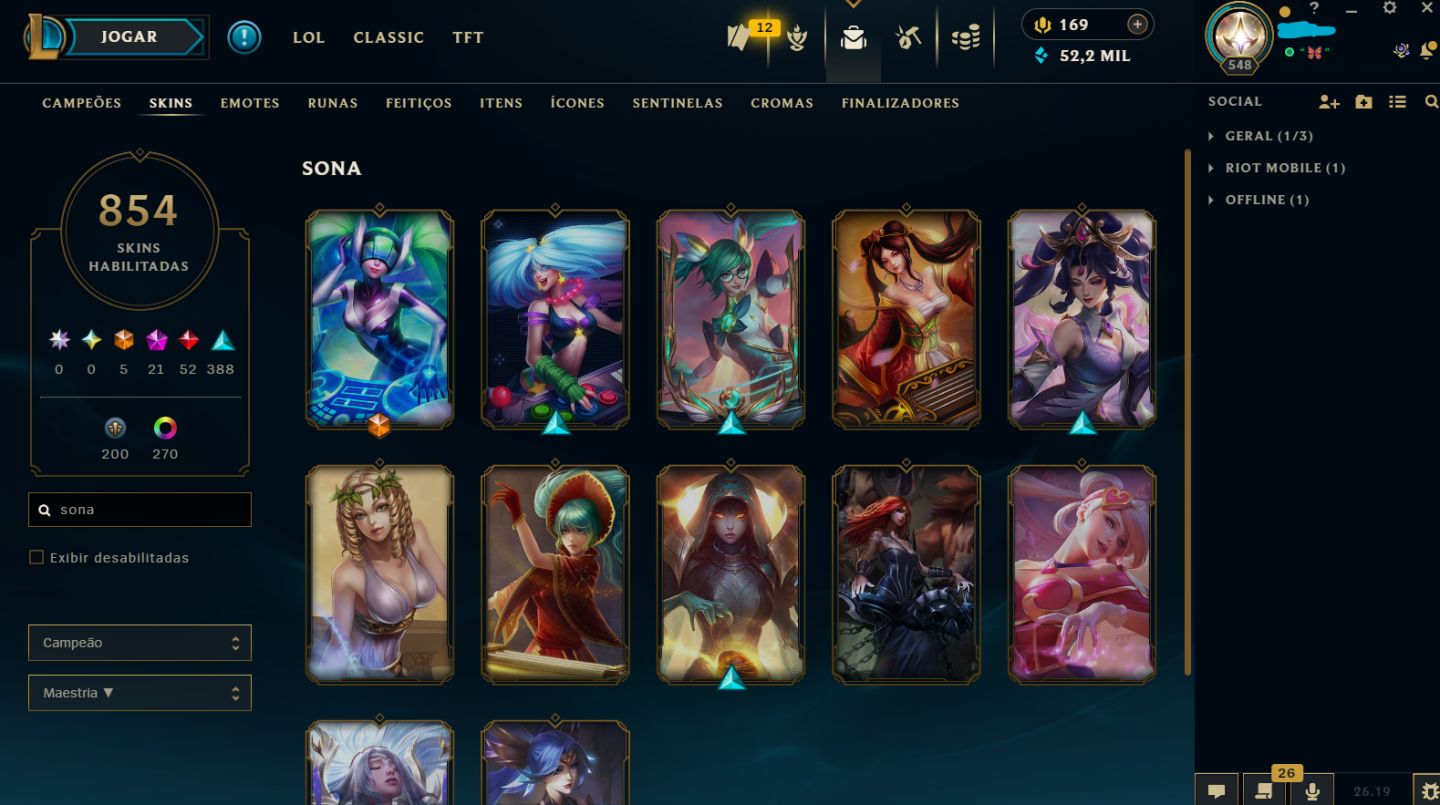CONTA LEAGUE OF LEGENDS MAIN SUPORTE/FADINHA COM 860 SKINS NO ELO MESTRE 500+