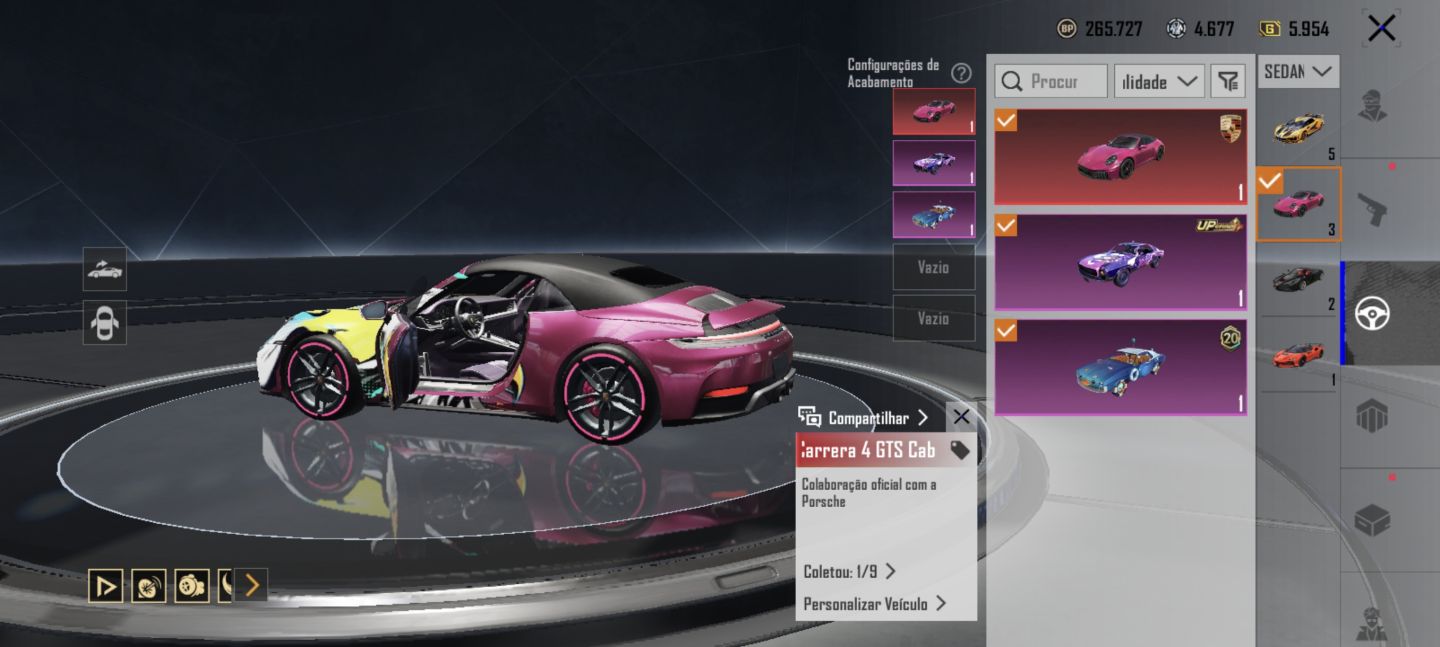 Conta PUBG Mobile Nv. 65 com 4 Colaborações de Carros Ferrari, Porsche, Lotus...