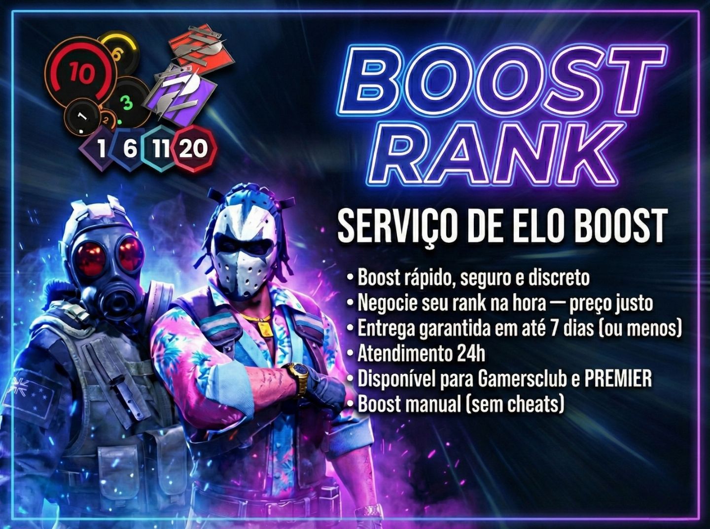 RANK BOOST CS2 - PREMIER, GAMERSCLUB, COMP, BRAÇO DIREITO - ELO SOLO DUO BOOST