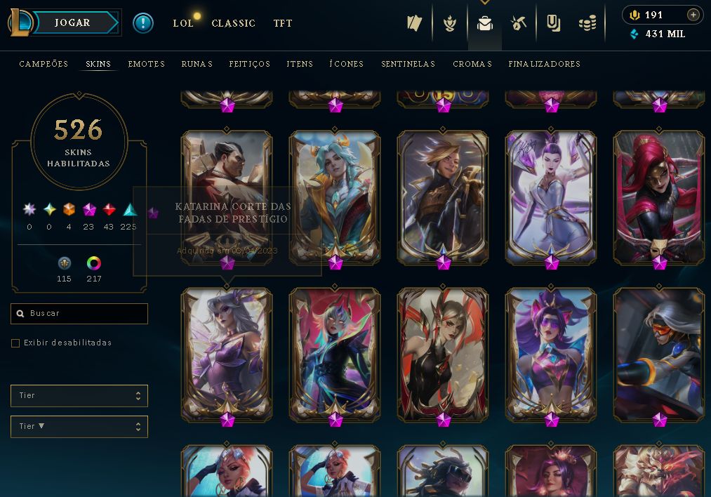 CONTA COLECIONADOR|526 SKINS|SIVIR CAÇADORA/NEO PAX|QIYANA+AATROX PRESTÍGIO2022