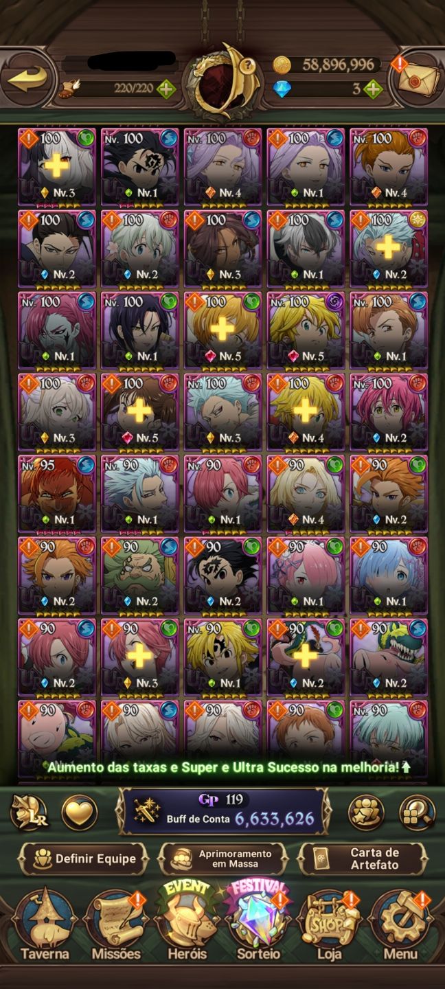 Conta 7ds grande cross 6.6M Meliodas nêmesis 2/6, escanor Merlin 2/6