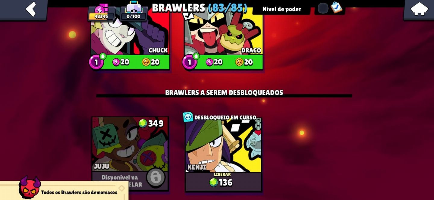 CONTA BRAWL STARS 83/85 BRAWLERS, 43K TROFÉUS, ANTIGA (2018), MUITA SKIN.