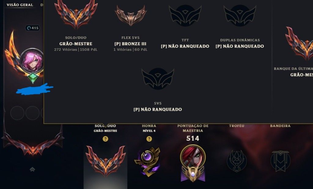 Conta Grão Mestre 1500pdl 232 skins Nivel 415 todos os campeões