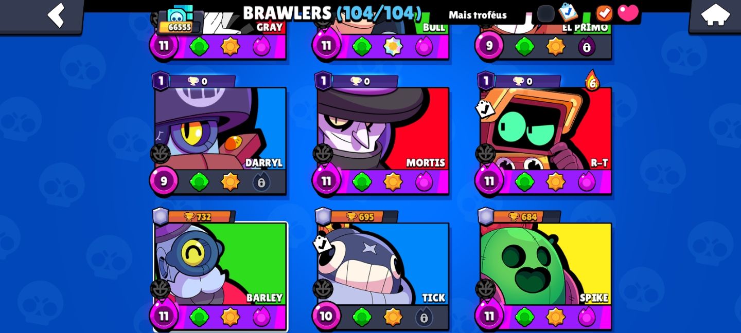 Conta brawl stars 66k , 104/104 brawlers, 40 brawlers full upados,7 passes 40p