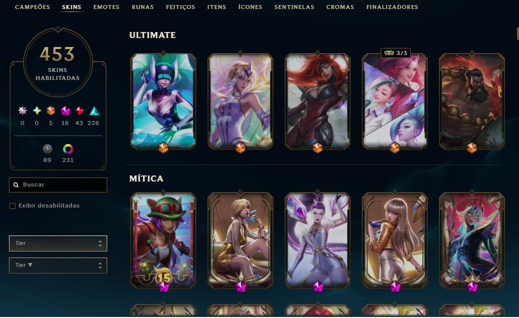 Conta LoL 453+Skins (5 Ultimate, 16 Míticas, 43 Lendárias, 226 Épicas)