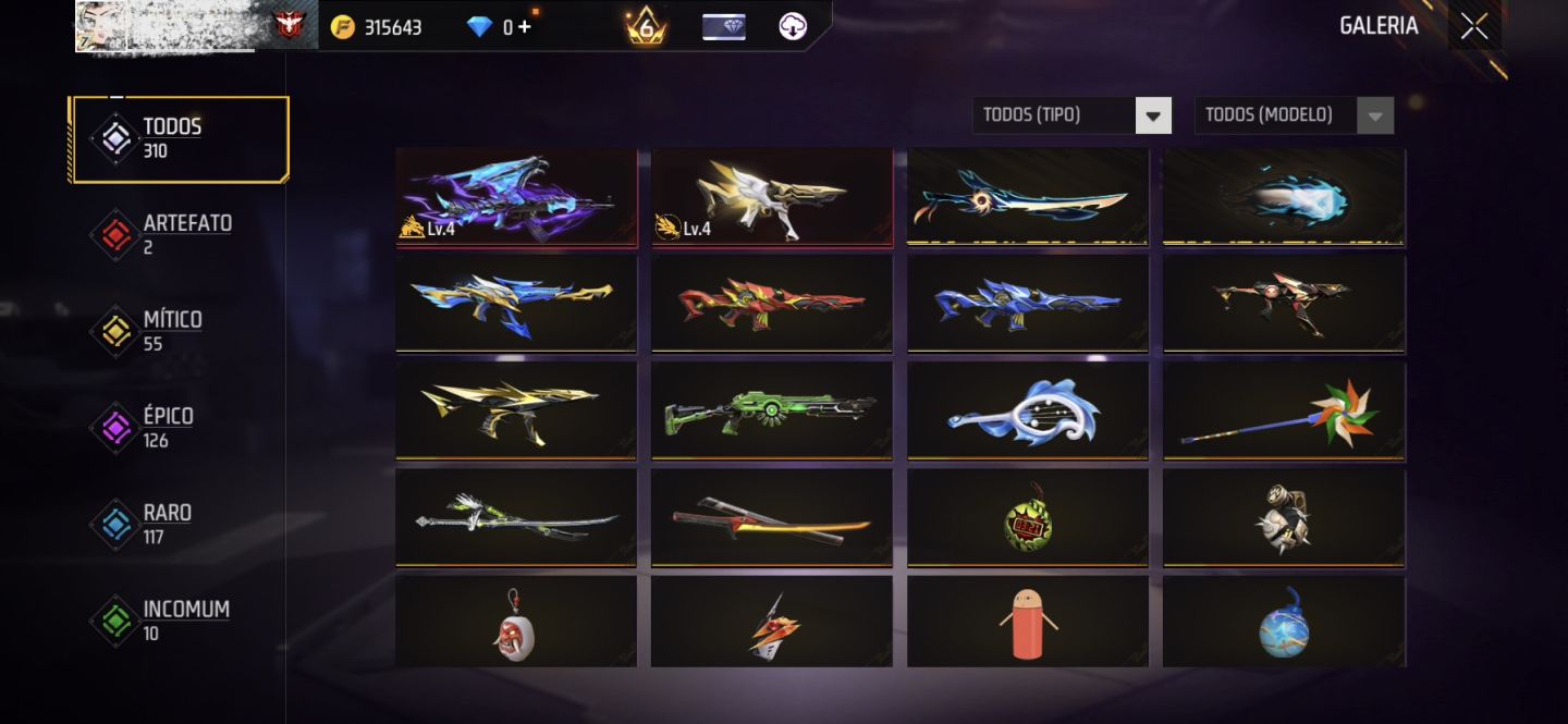 CONTA FREE FIRE LVL 62 | 310 ITENS | 55 MÍTICOS | 126 ÉPICOS | ARMAS EVOLUTIVAS