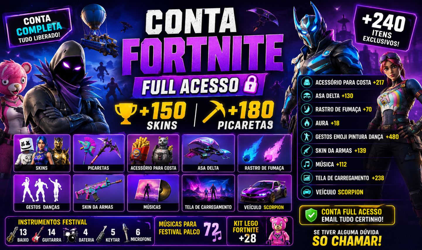 Conta Fortnite Full Acesso +150 Skins e +180 Picaretas
