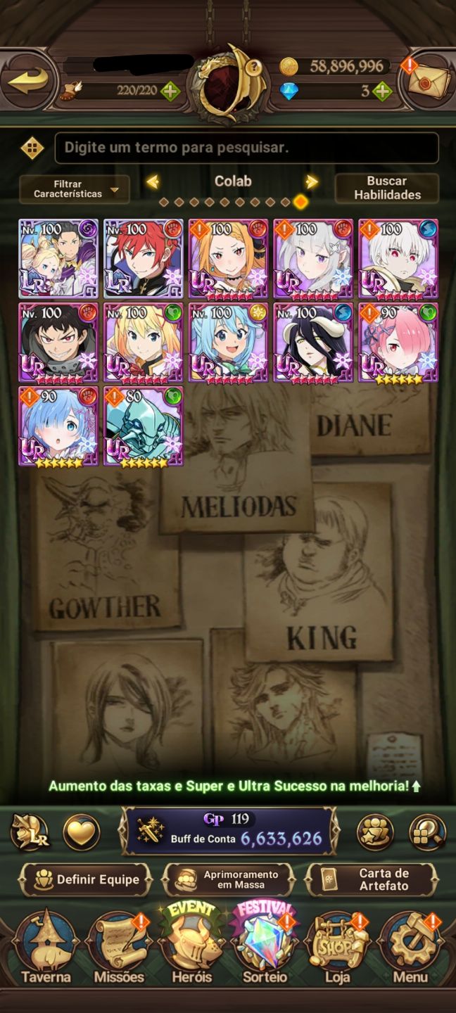 Conta 7ds grande cross 6.6M Meliodas nêmesis 2/6, escanor Merlin 2/6