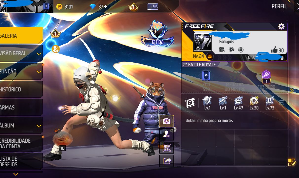 CONTA FREE FIRE PLATINA MODO RANK COM SKINS
