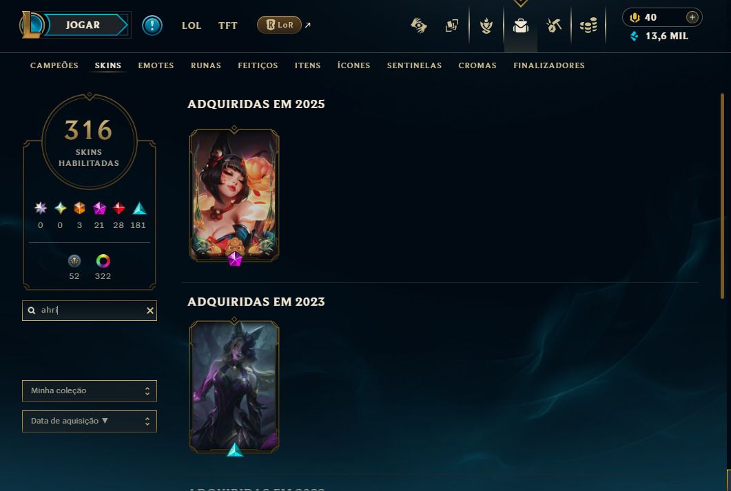 CONTA LEAGUE OF LEGENDS (NIVEL 590) SKIN AHRI TERMAS NOTURNAS E MUITO +