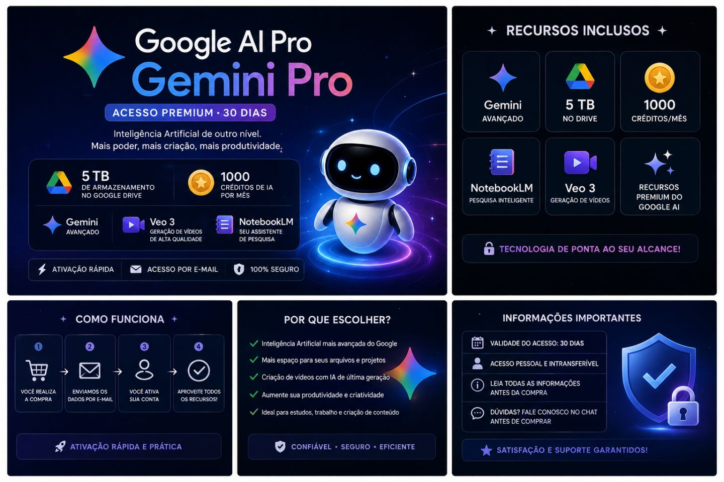 Google AI Pro Gemini Pro 30 dias | 5TB Drive + Veo 3 + 1000 Créditos