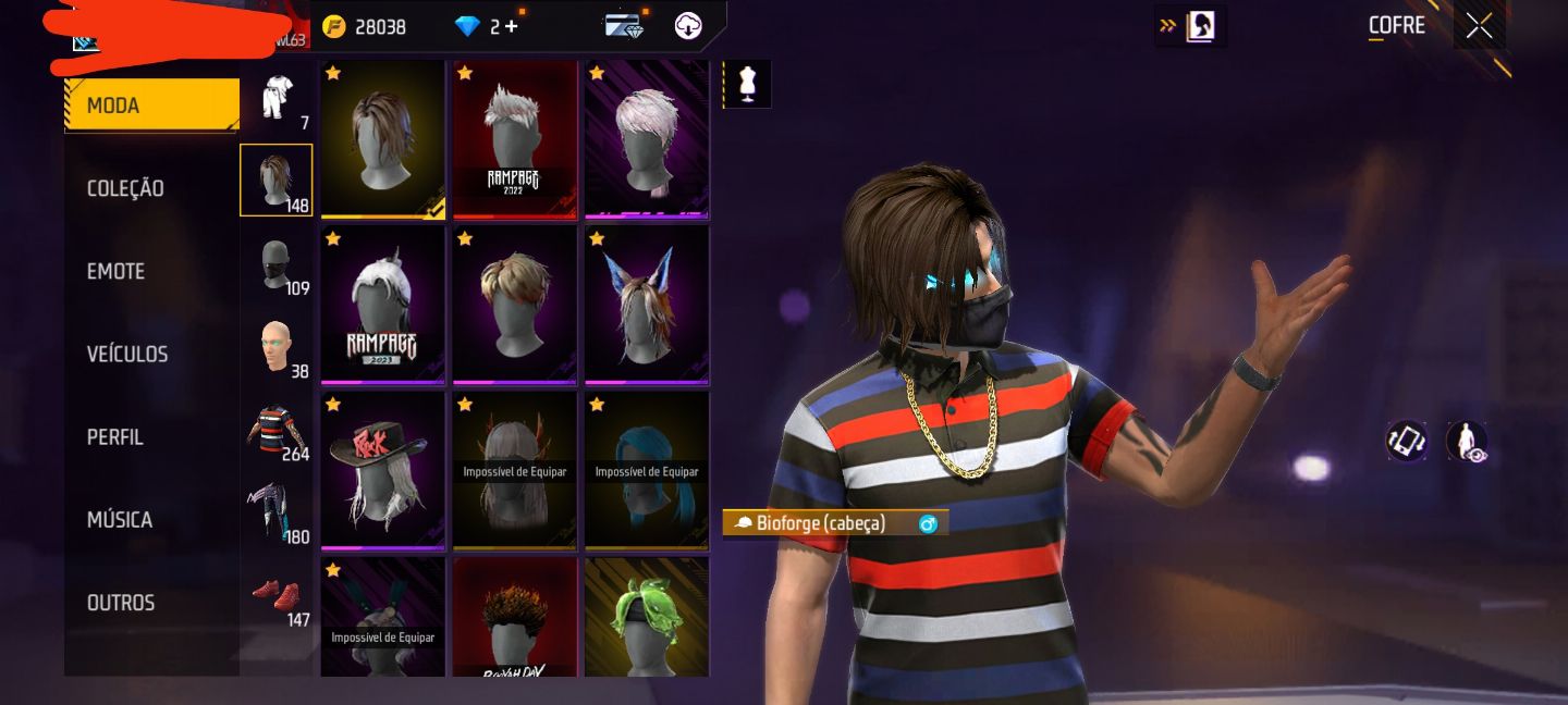 Conta Rara Free Fire Nível 63 com calça angelical e vários passes