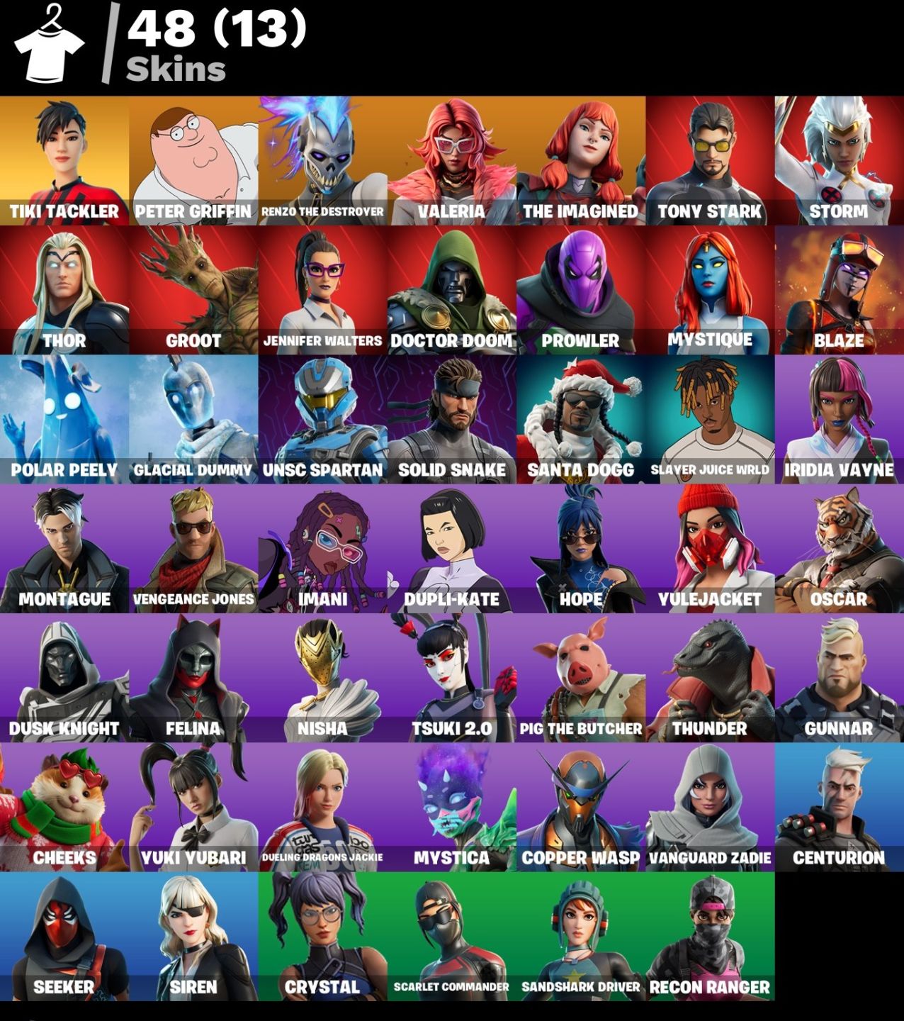 CONTA FORTNITE 48 SKINS TIKI TACKLER /MYSTIQUE / GLACIAL DUMMY / TEMPESTADE