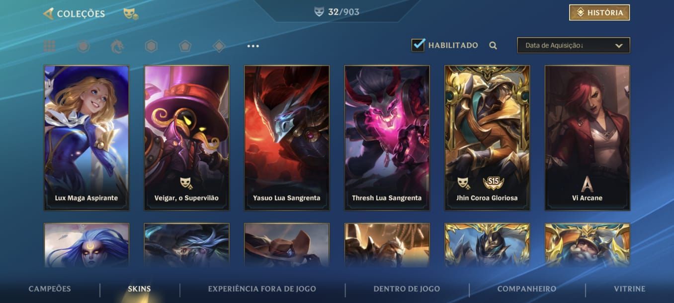 Conta Wild Rift com algumas skins, com +900 essências laranjas (Espólio)