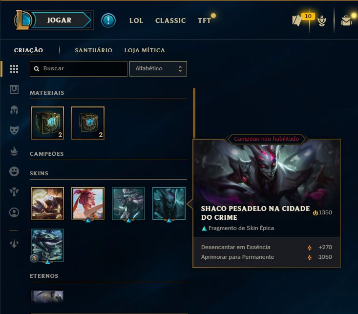 SKIN SHACO PESADELO NA CIDADE + [ DIAMANTE COM 70% DE WIN RATE ] + [TROCA NICK]