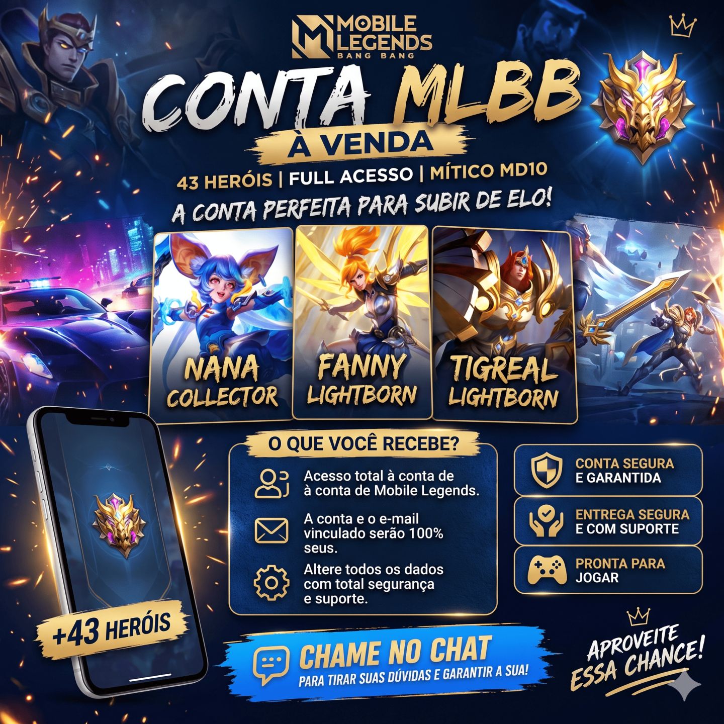 MLBB MÍTICO MD10 NANA COLLECTOR+FANNY&TIGREAL LIGHTBORN | 43 HERÓIS-FULL ACESSO