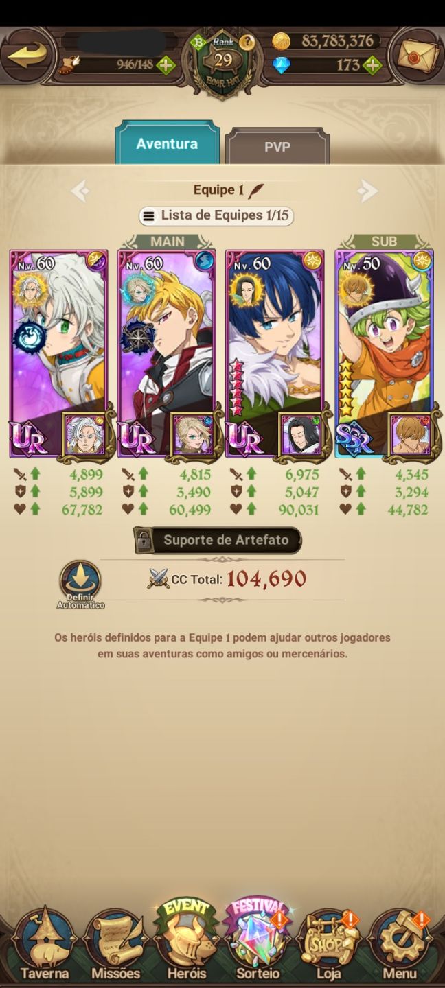 Conta nova de 7ds nivel 29 com novo personagems Odin Superpoderoso!!!