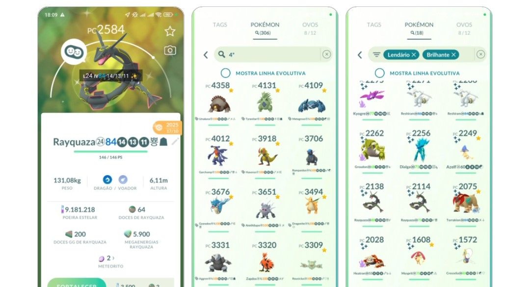 CONTA POKÉMON GO NV 72, 18 LENDÁRIOS SHINYS, 03 RAYQUAZA SHINYS,PIKACHU LIBRE