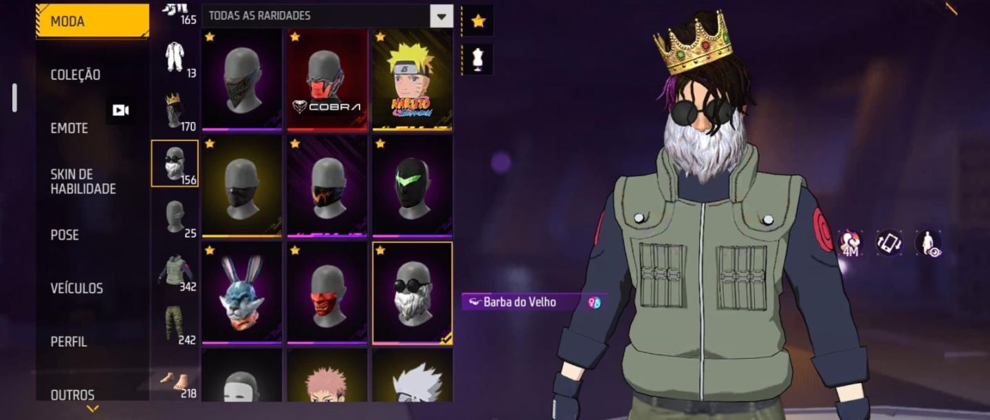 Conta de FF prime 7 com NARUTO, pé descalço, sombra roxa e jazz clássico