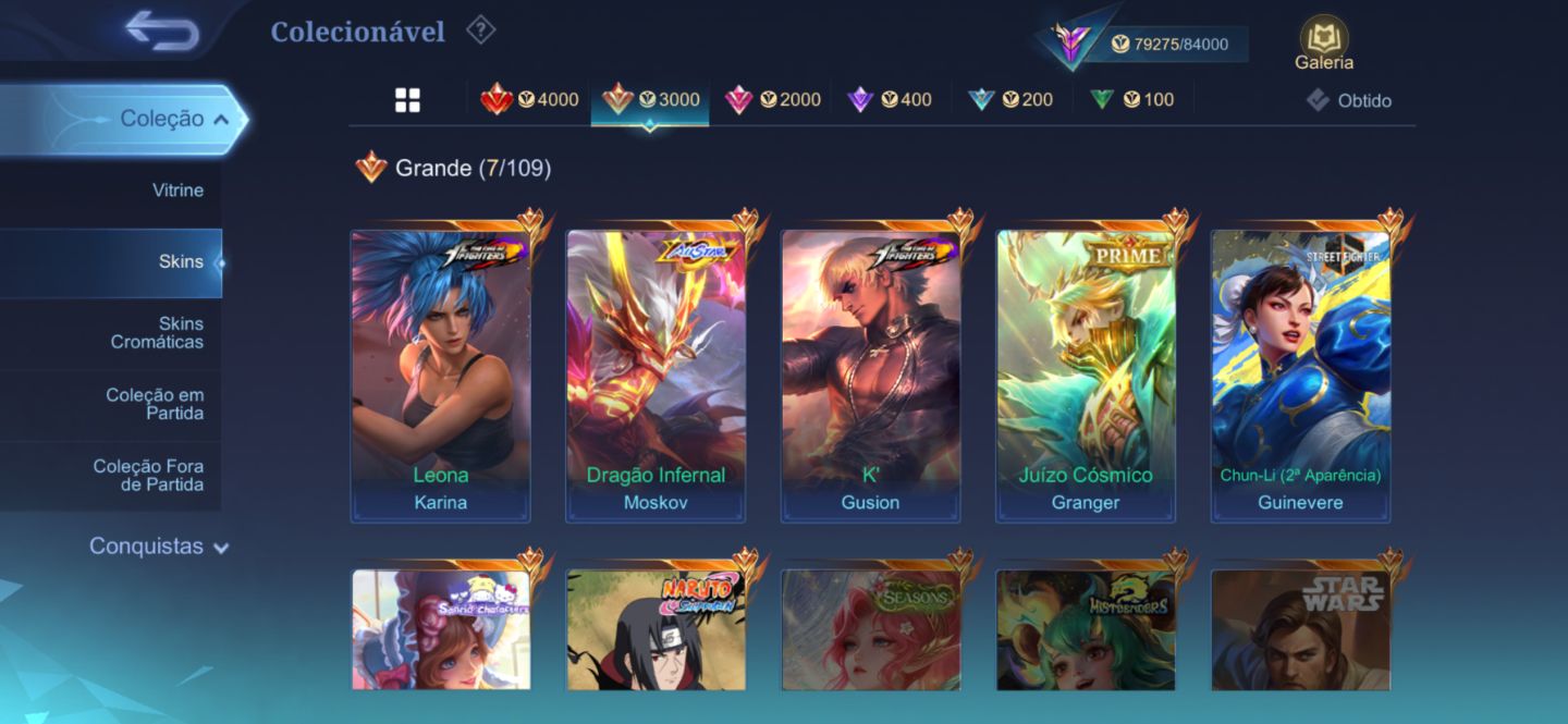Conta Mobile Legends Alto Investimento passe e star ativos Skins Premium