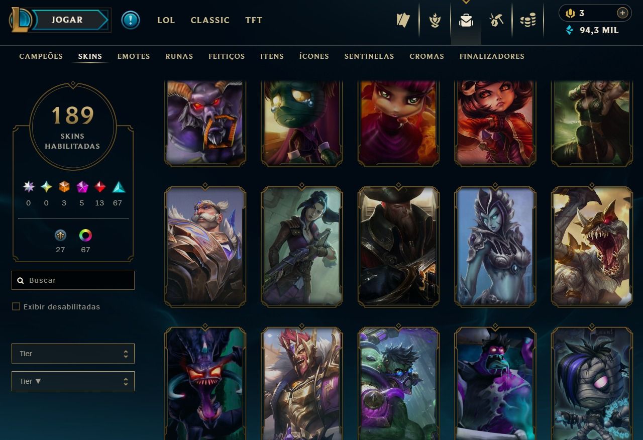 Conta de 2016 - 189 Skins - Lvl 306 - Todos Campeões - 94K de Ea - 55 Cromas