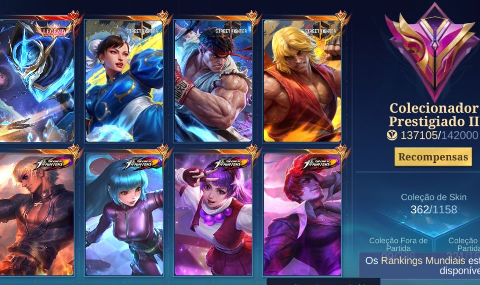 CONTA MÓBILE LEGENDS SKINS STREET FIGTHER E COLABS