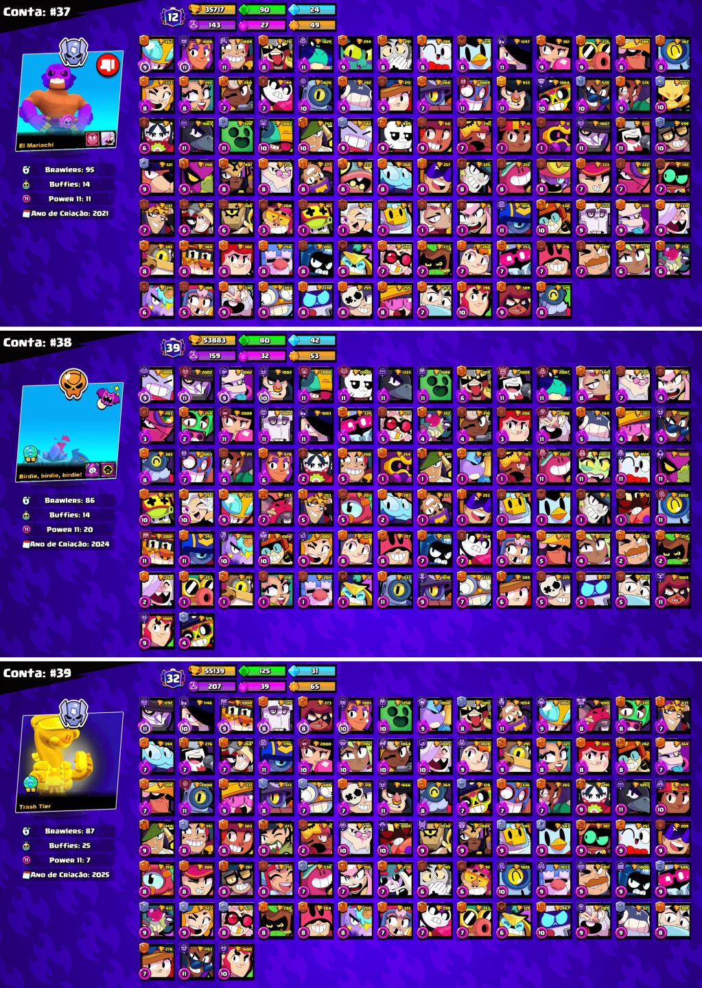 CONTAS BRAWL STARS c/LENDÁRIOS e MUITOS TROFÉUS!!