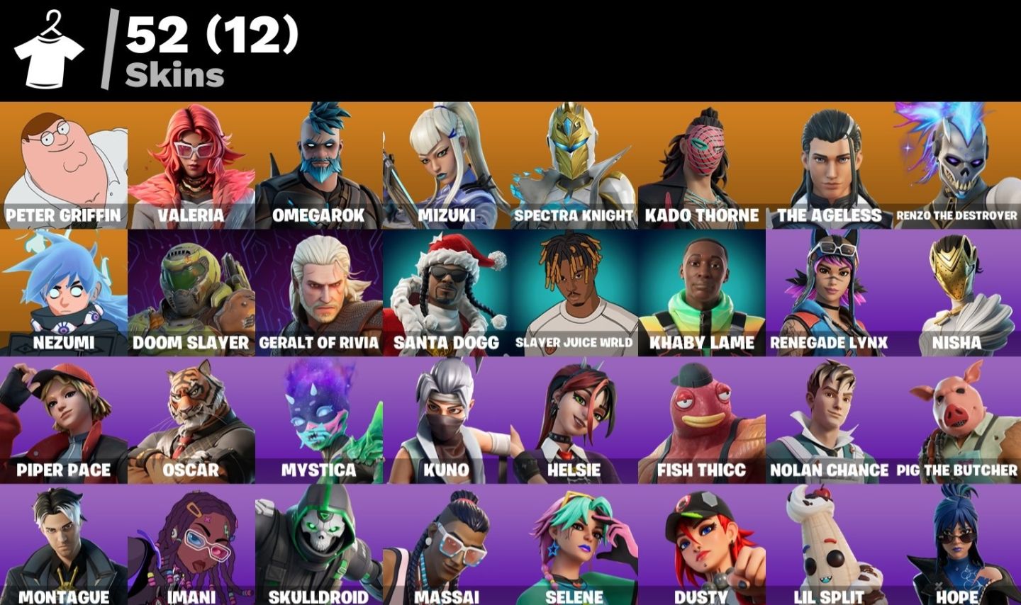Conta Fortnite 52 SKINS/ PETER GRIFFIN / GERALT OR RIVIA/ MIZUKI / VALERIA