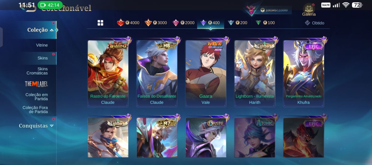 Conta Mlbb 279 skins, 5 skins kof 1 legend