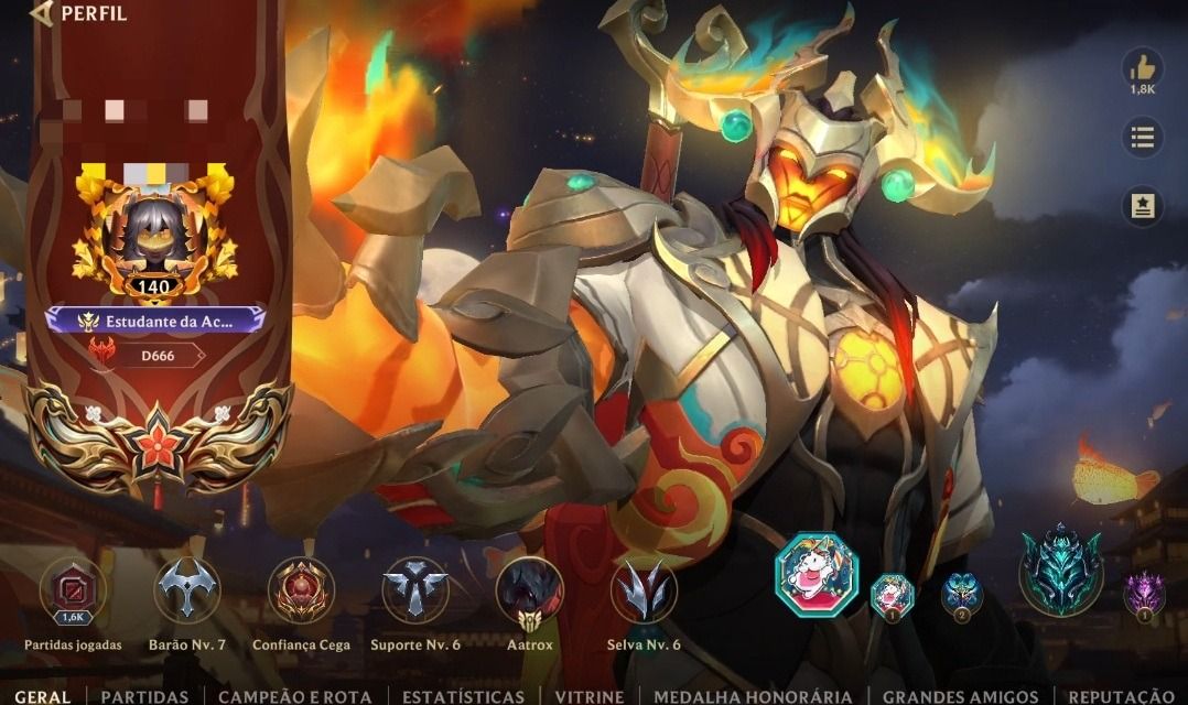 CONTA WILD RIFT, AATROX LANTERNA DRACONICA, 75 SKINS, MAESTRIA 7 AATROX, BRASIL