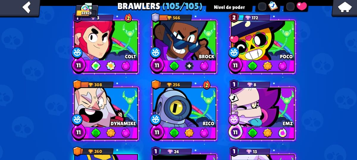TODOS BRAWLERS , 32 NÍVEL MAX |14 PRESTÍGIOS | SKINS + HIPERCARGAS