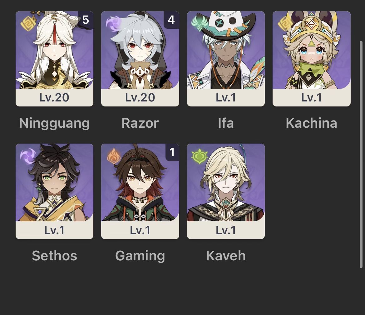 CONTA GENSHIN AR 60 | Raiden, Furina, Columbina, Nahida C1, Zhongli e Hutao C1.