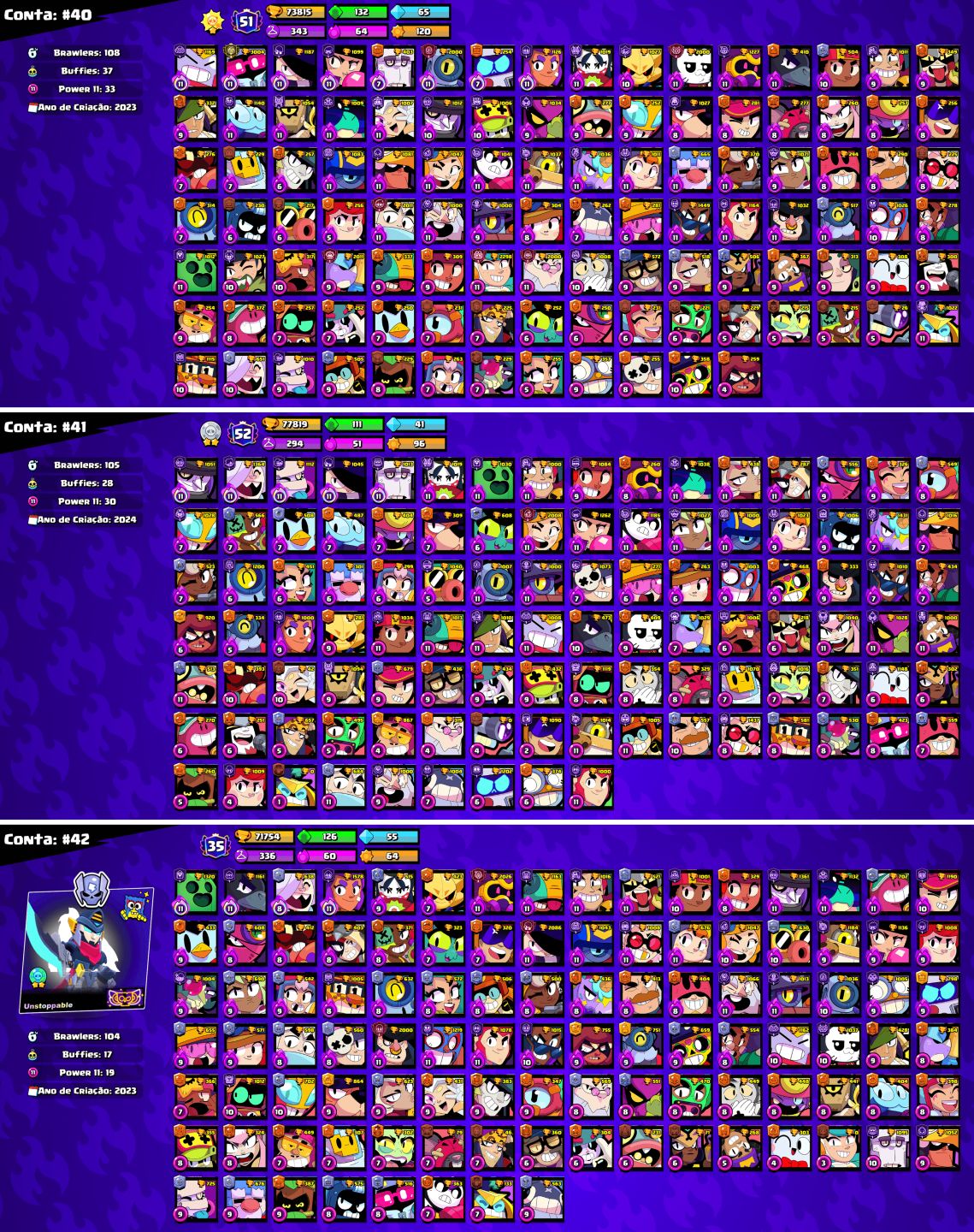 CONTAS BRAWL STARS c/LENDÁRIOS e MUITOS TROFÉUS!!