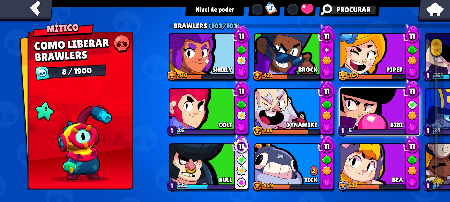 Possui 103 brawlers, mais de 250 skins, 30 brawlers full, Full acesso!!