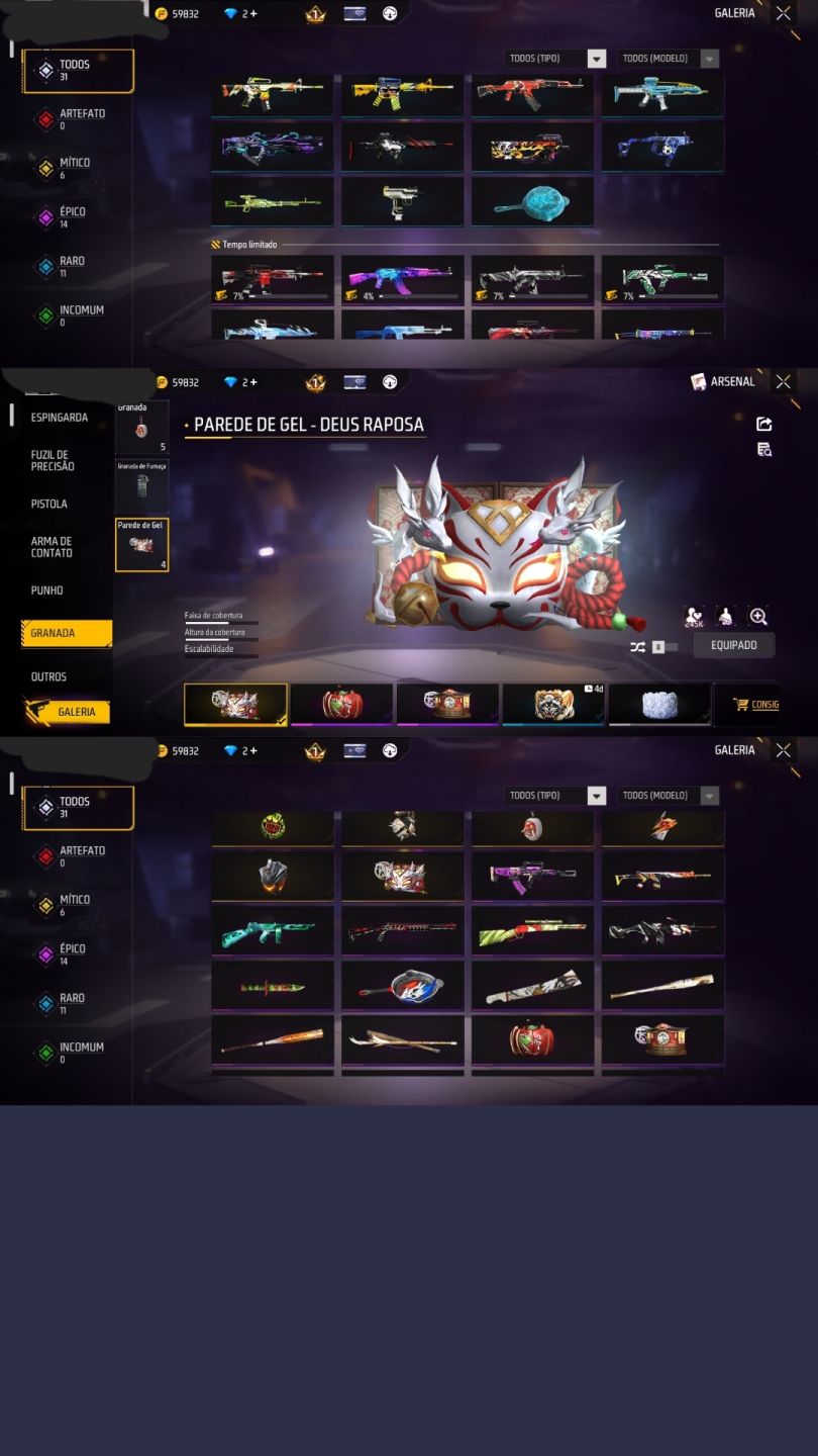 CONTA FREE FIRE NÍVEL 34 COM VÁRIAS SKINS, ITENS, ARMAS E TROCA NICK!