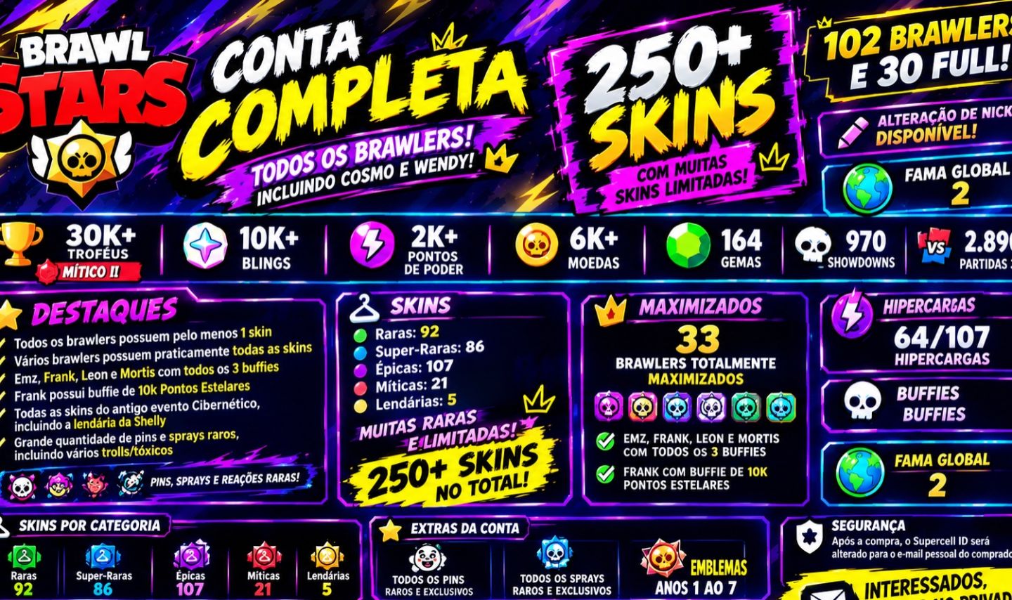 TODOS OS BRAWLERS, 2019, 250 SKINS, 33 FULL