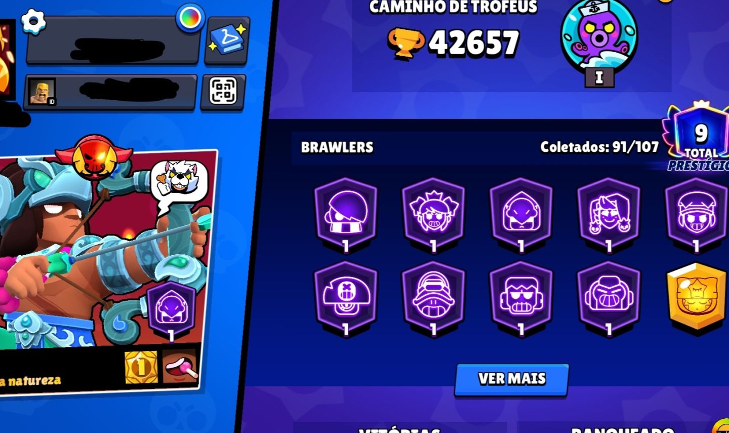 Conta de brawl stars com muitas skins raras e quase 50 mil troféus