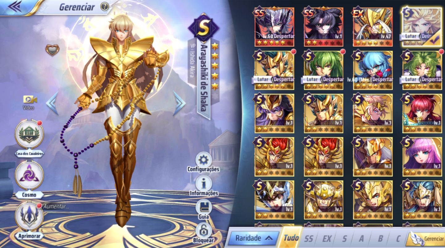 Conta Saint Seiya Awakening sv 142 lv 37 78 gemas, 12 livros azuis, Dégel e mais